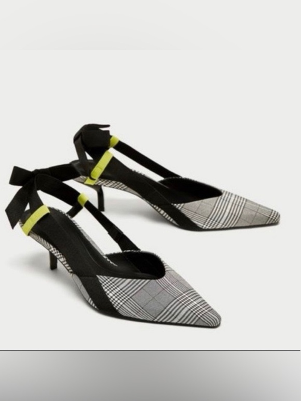 Zara Pointed Plaid Slingback Kitten Heels with Neon Accent, Size 39(8)